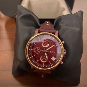 Fossil Original Boyfriend Sport Chronograph Maroon Dial Maroon Leather Strap